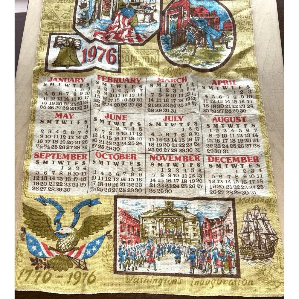 Vtg 1976 Linen Calendar Tea Towel Bicentennial Paul Revere Betsy Ross Washington